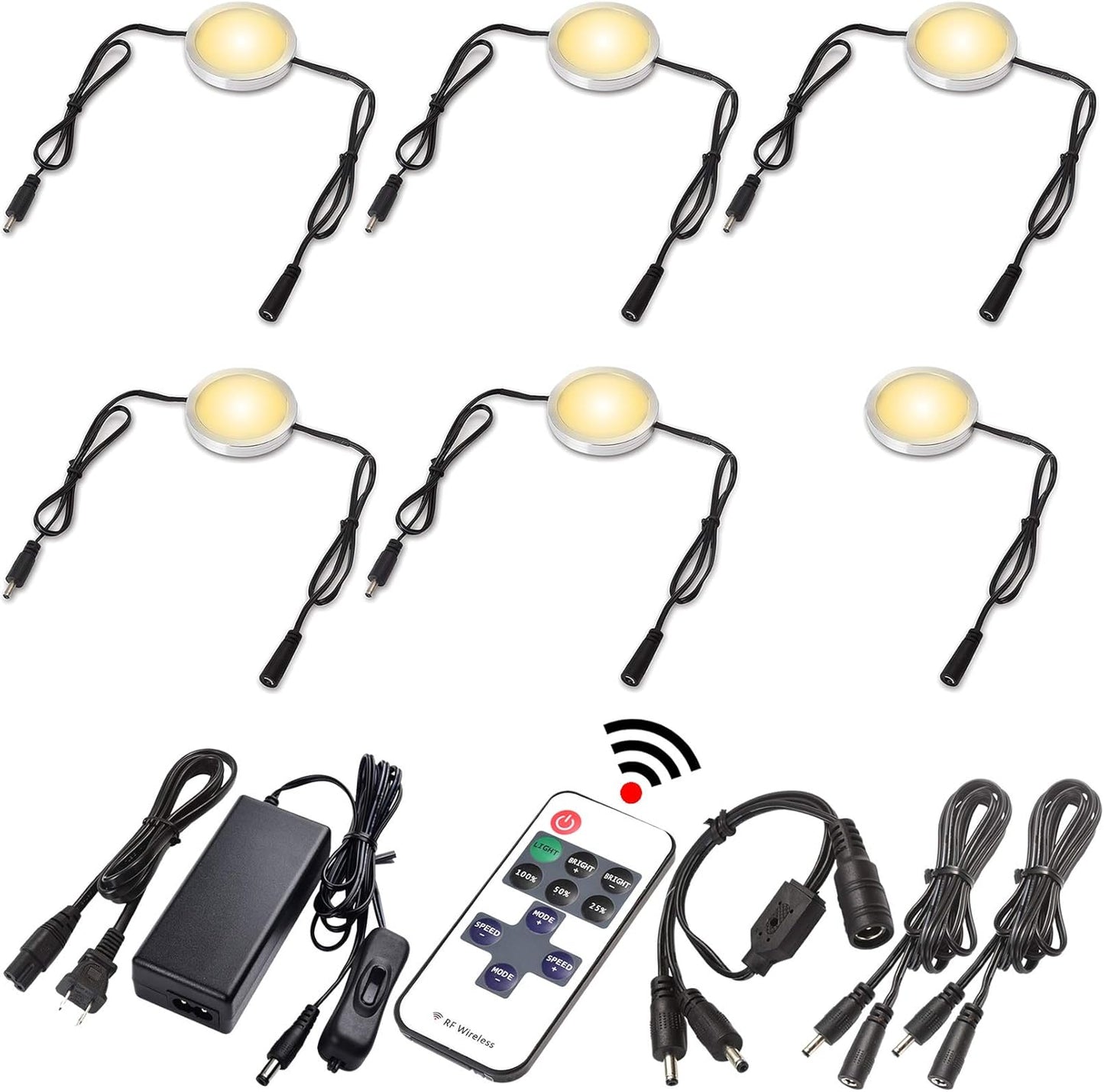 Slim Under Cabinet LED Puck Lights, 110V Wired Accent Lighting Kit, Plug-in & Direct Hardwiring, Daisy Chained linkable, RF Remote Dimmable, Black Cables, Warm White 2700K, 12 Lights