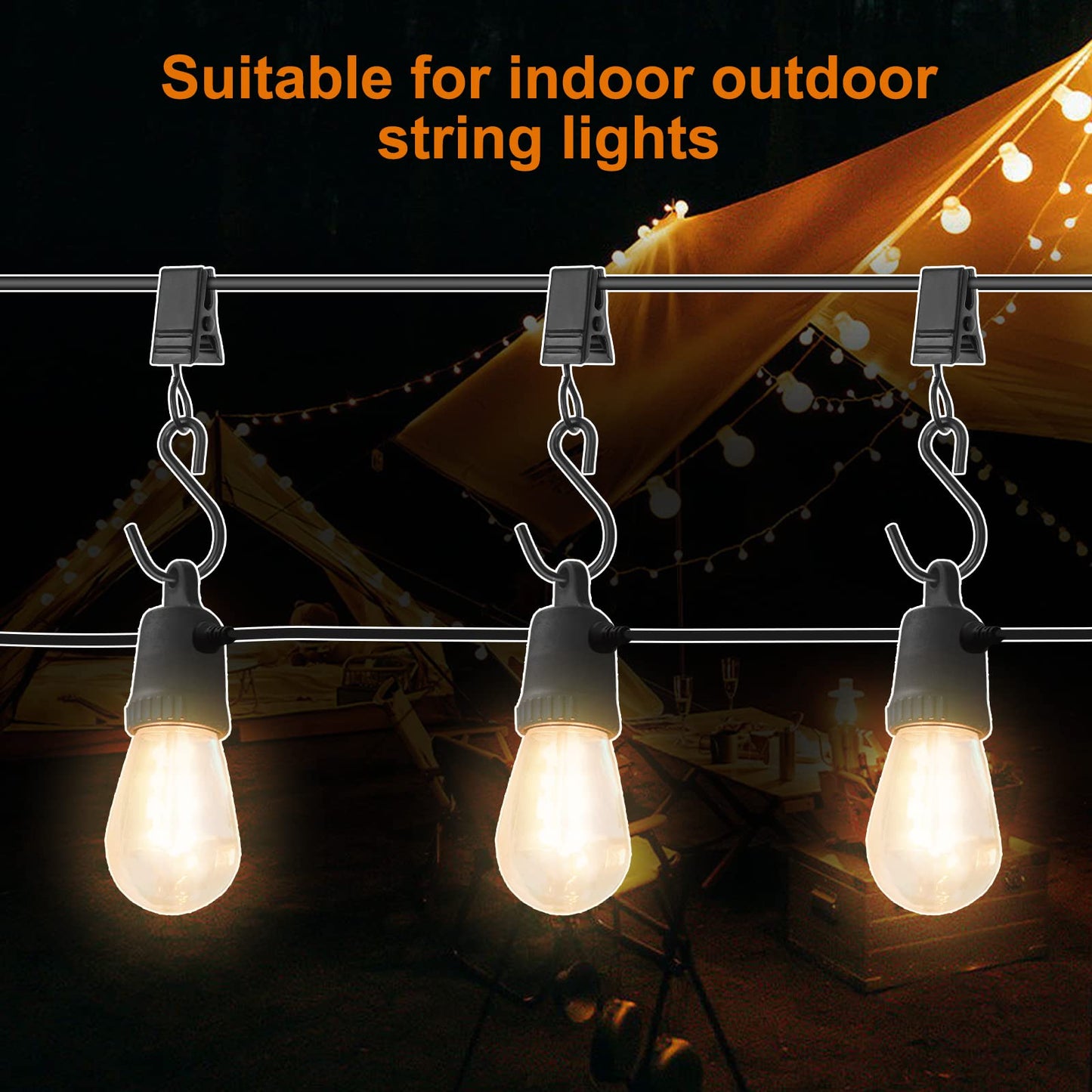 40 PCS Curtain Clips with S Hooks for Outdoor String Lights, Stainless Steel S Hooks with Clips for RV Awning and Gutter Lights (Black)