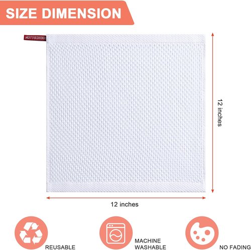 BOOMIBOO 6-Pack Cotton Waffle Weave Dish Cloths - Ultra Soft & Absorbent, Quick Drying, 12x12 Inches, White
