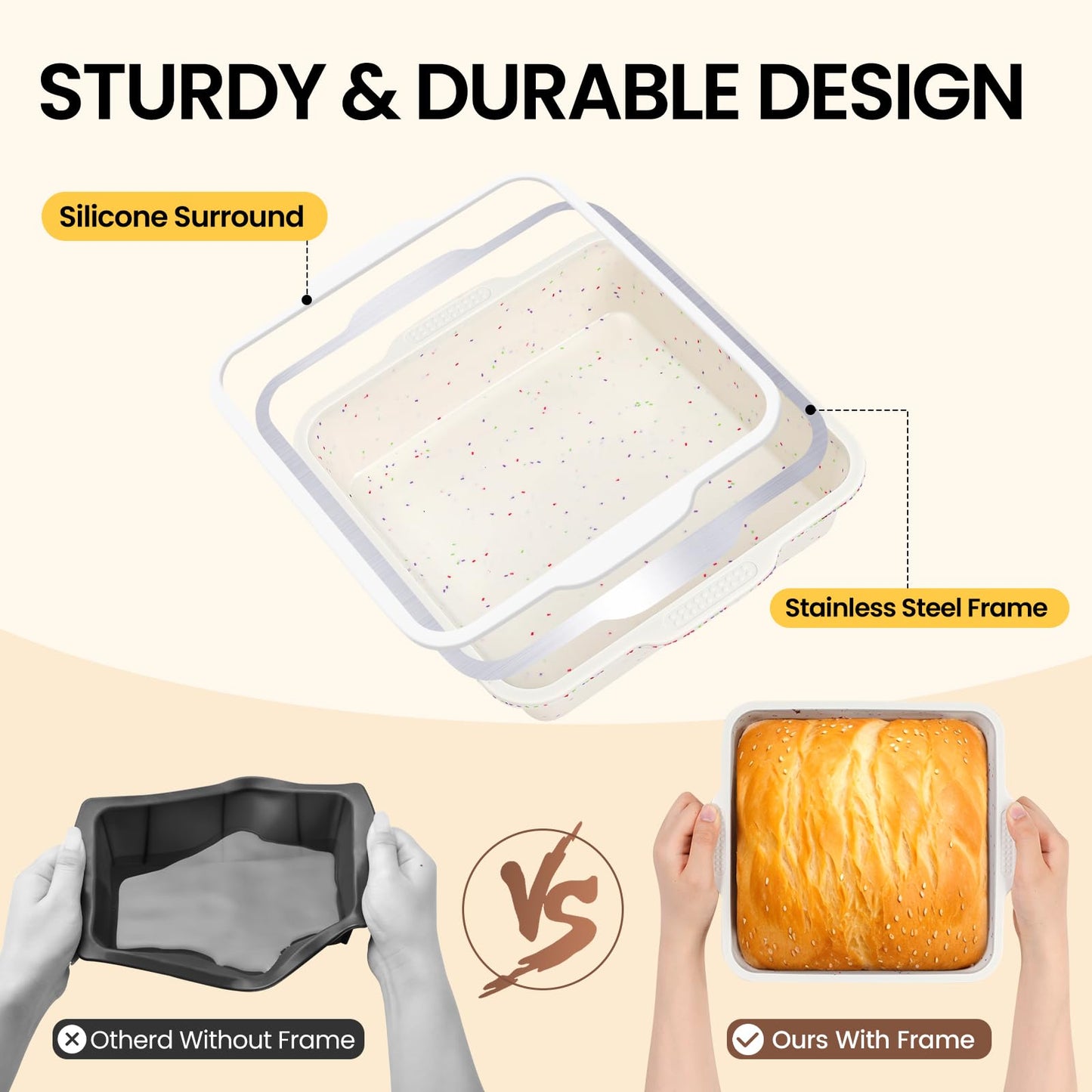 Vinino 8 x 8 Inch Silicone Square Brownie Cake Pan with Metal Reinforced Frame Set of 2, Nonstick Silicone Brownie Pans BPA Free Suitable for Making Cakes, Brownies, Bread
