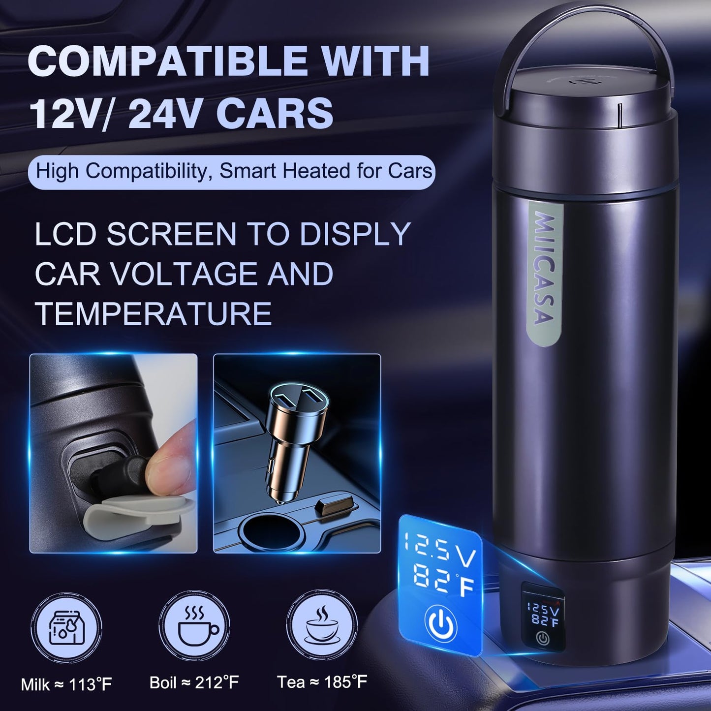 Vacuum Insulated Car Electric Kettle,Miicasa Stainless Steel Tumbler Car Water Heater,12V/24V Water Boiler with 6 Temperature and Auto Shut-Off Boil Dry,16oz