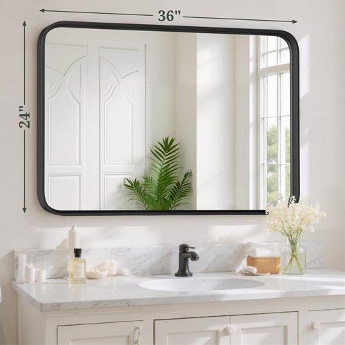 Black Metal Frame Bathroom Mirror by [Brand Name] - 36x24 Inch Modern Rectangle Design | Anti-Rust, Versatile Hanging