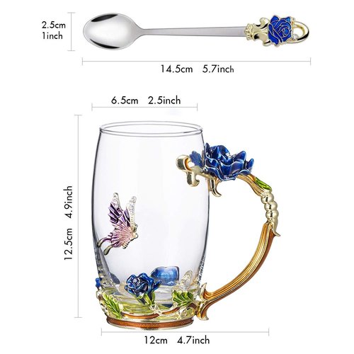 Gifts for Mom Women Unique Blue Tea Mug With Spoon Set & Flower Decoration - Top Birthday Christmas Gifts For Women Mom Who Has Everything
