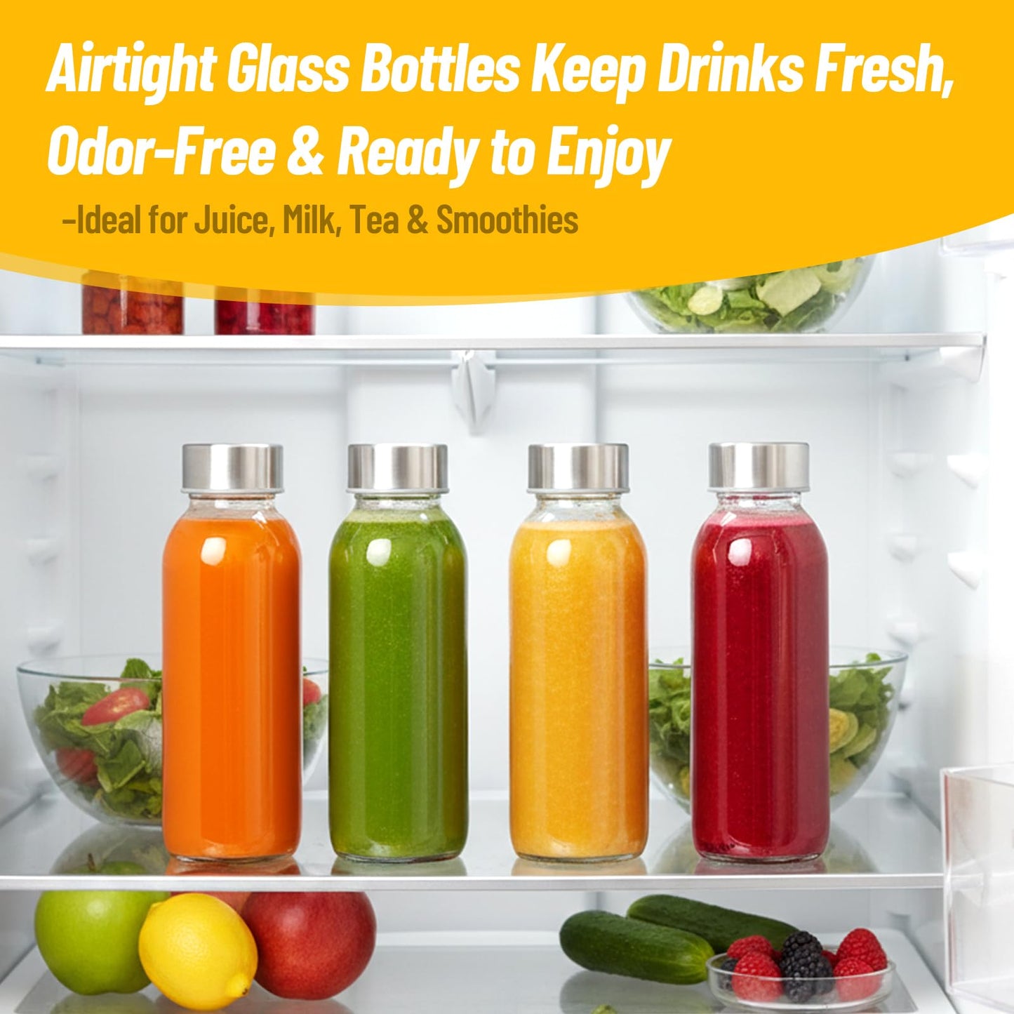 Luxfuel Glass Juice Bottles with Lids 10oz, 6 Pack Reusable Glass Water Bottle with Stainless Steel Caps & Straws, Leak Proof, BPA-Free – Small Juice Bottles for Juicing, Smoothies & Fridge Storage