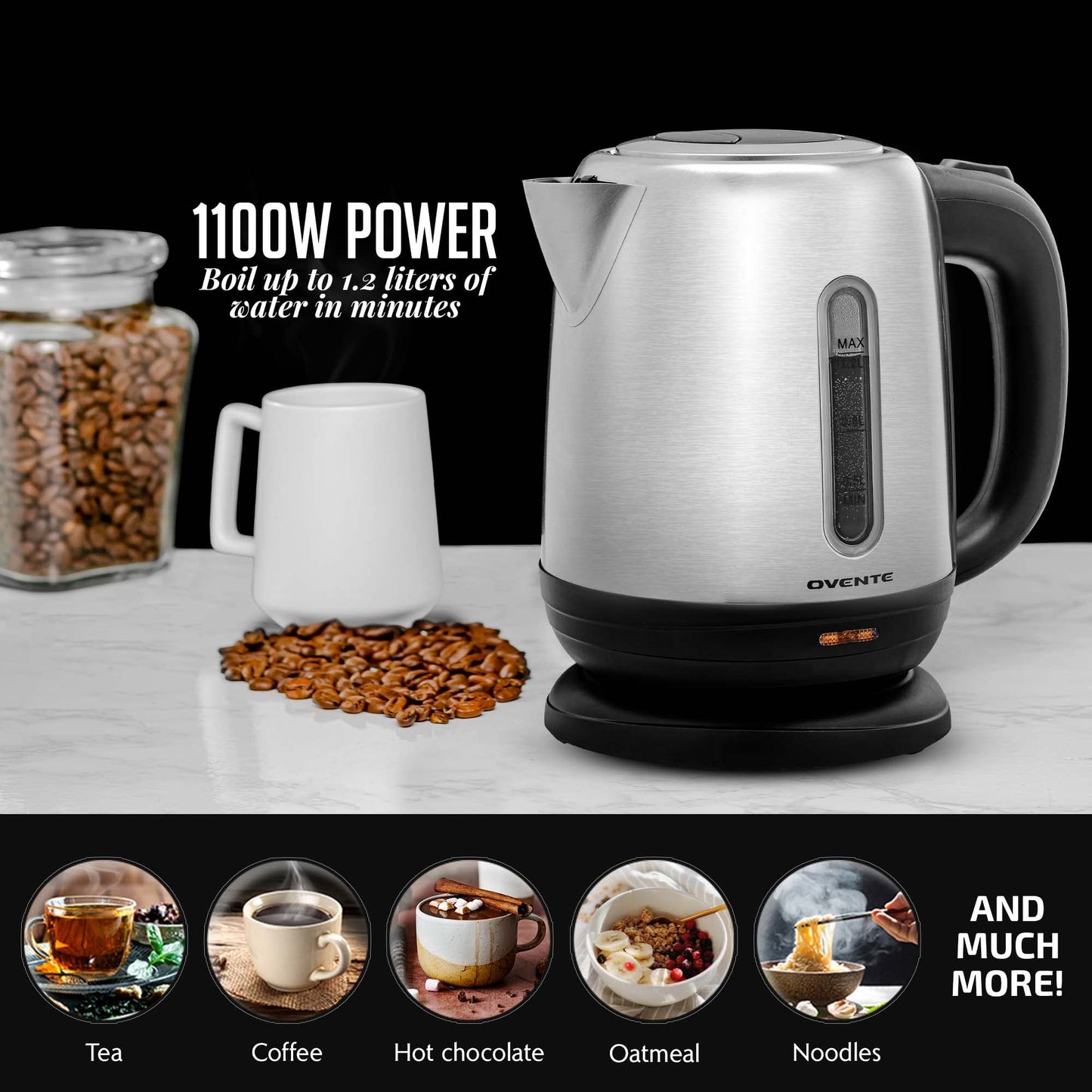 OVENTE Electric Tea Kettle Stainless Steel 1.2 Liter Portable Instant Water Boiler Heater 1100W Power Fast Boiling with Cordless Body and Automatic Shut Off for Coffee Milk Chocolate Silver KS22S
