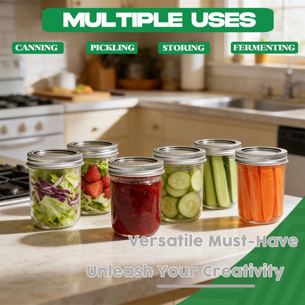 KISYONGUS 18 Pack Mason Jars, 16oz & 8oz Mason jars with Airtight Lids, Glass Canning Jars for Preserving, Jam, Kitchen Storage,Fermenting, Pickling, Freezing