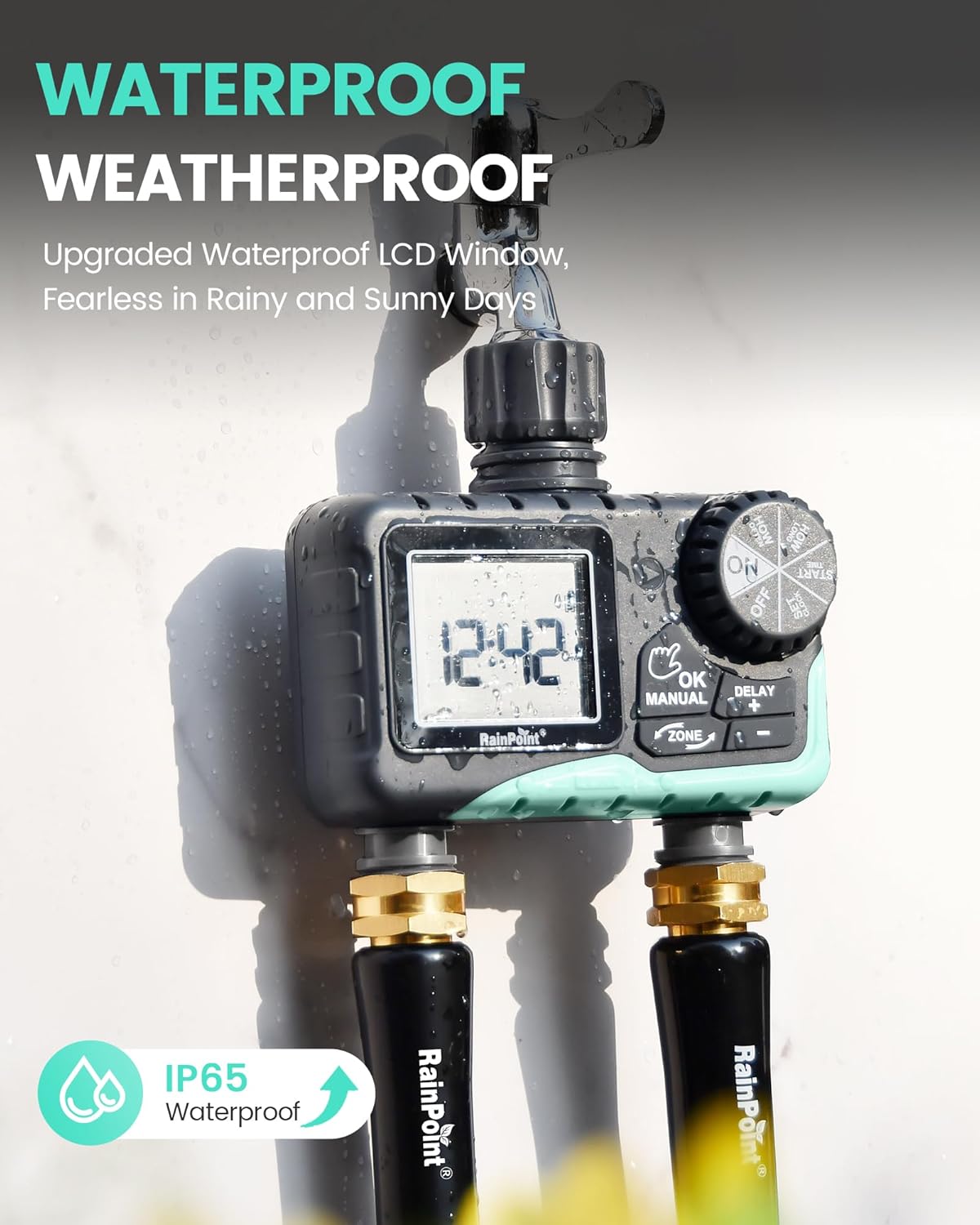 RAINPOINT Sprinkler Timer - 2 Outlet Programmable Water Timer for Garden Hose | LCD Display, Rain Delay & Manual Control