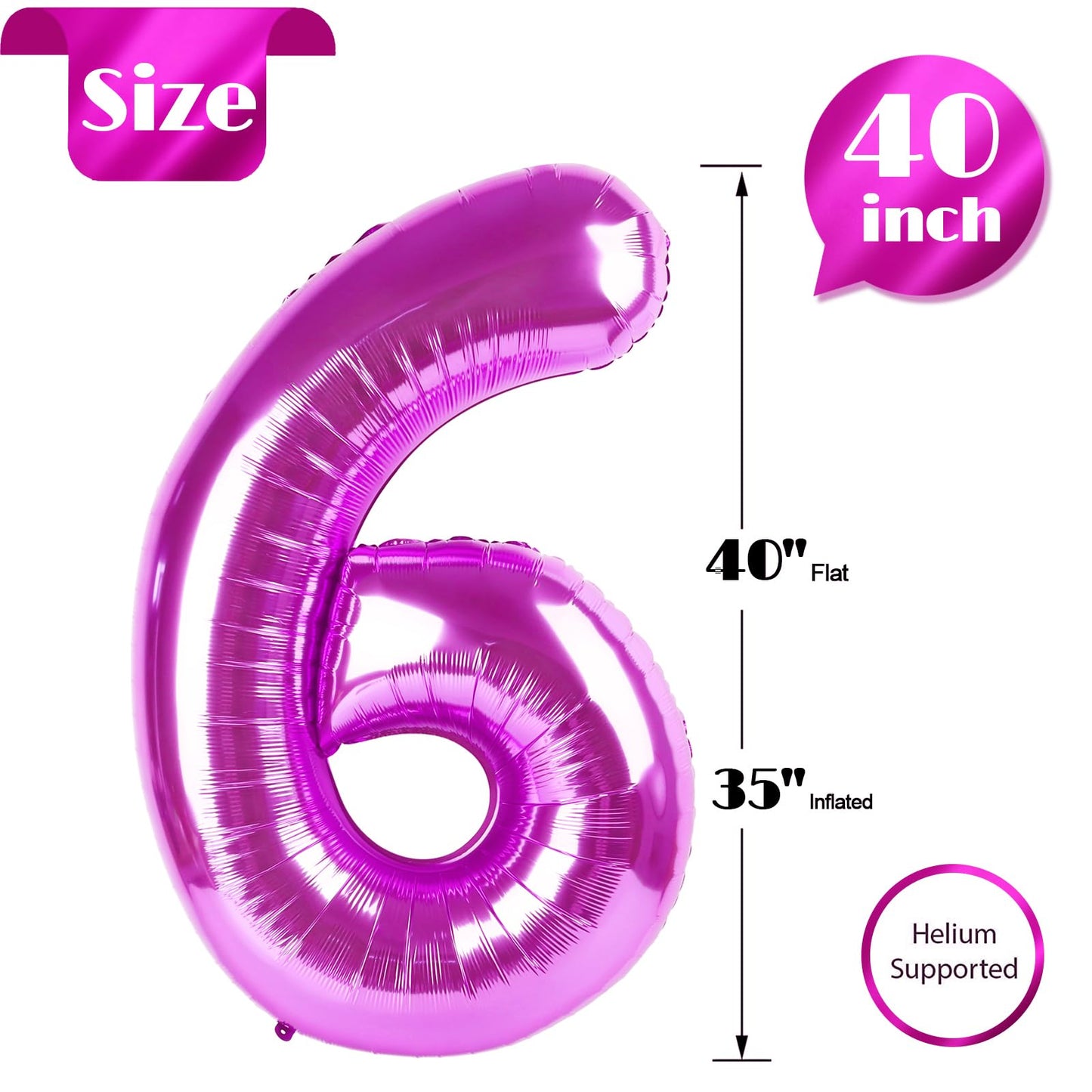 Rosy Purple 6 Balloon, Number Balloons 40 Inch, 6th Balloons for Birthday Decorations, Rosy Purple Party Supplies 6 Birthday Balloon, Number 6 Balloon