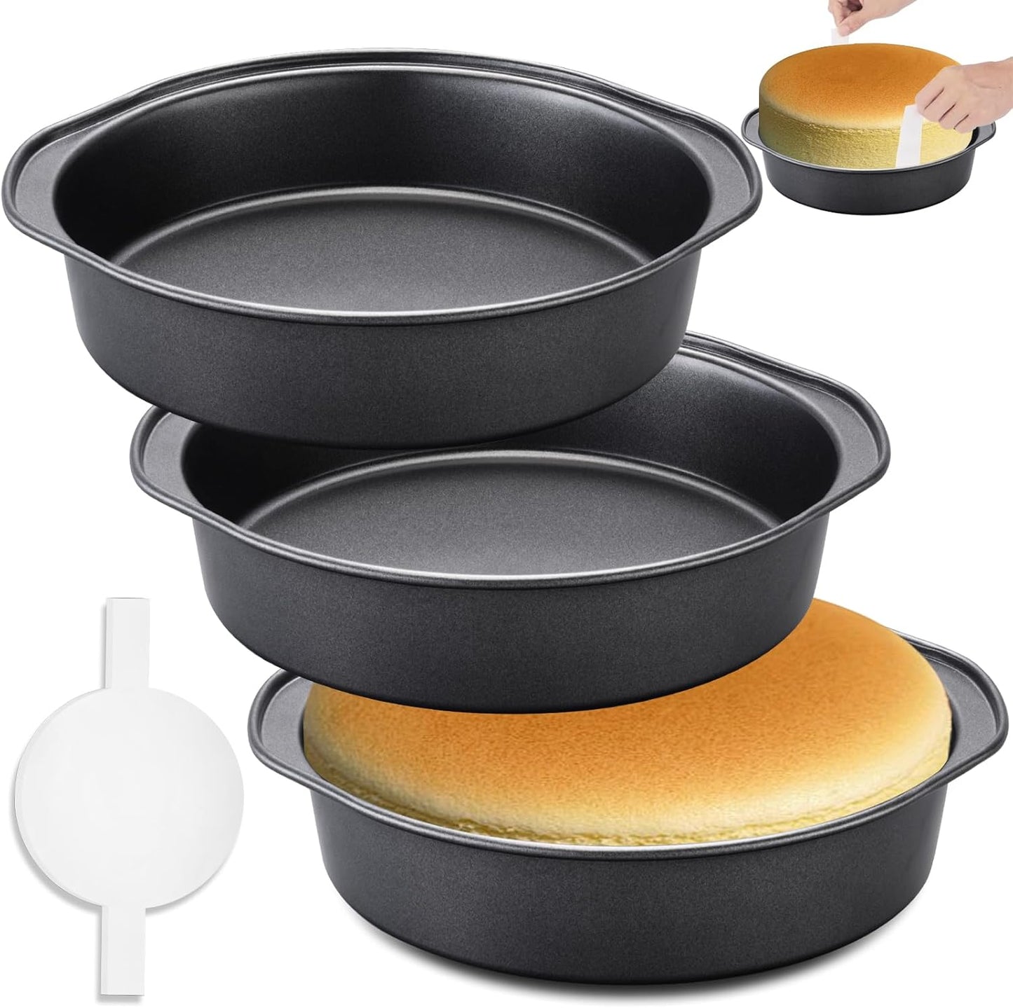 3PCS Skiennix 8-Inch Carbon Steel Round Cake Pans - Non-Stick, Easy Demolding & 100 Parchment Papers