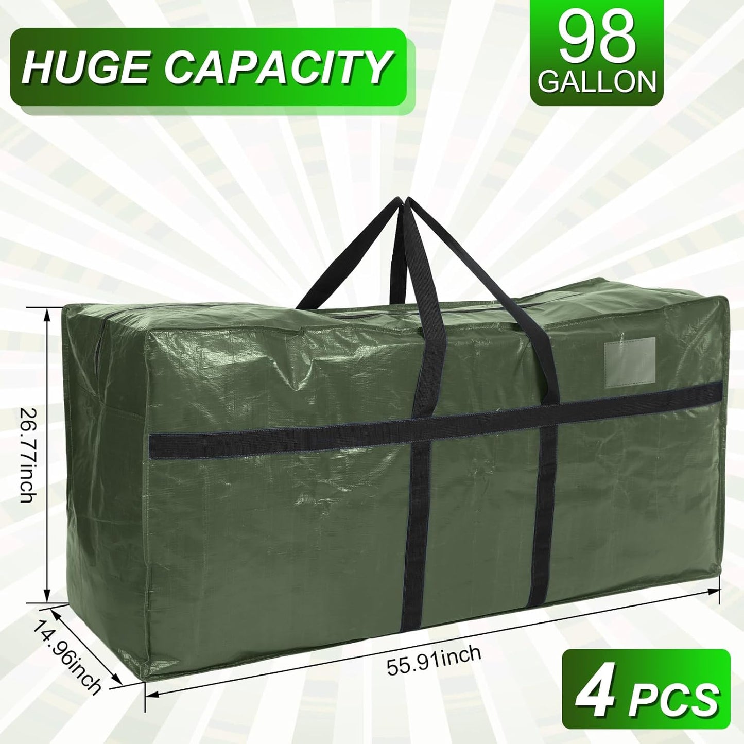 Windyun 4 Pack Extra Large 98 Gallon Heavy Duty Moving Bags - Jumbo Tote with Strong Zipper Handles | Army Green