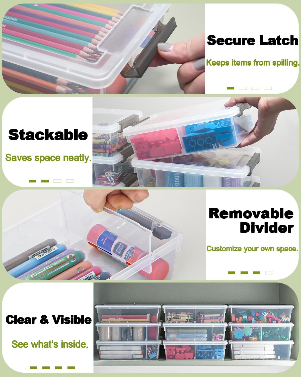 Skiennix Extra Large Pencil Box - Clear Stackable Organizer with Removable Divider | 6 Pack, Grey