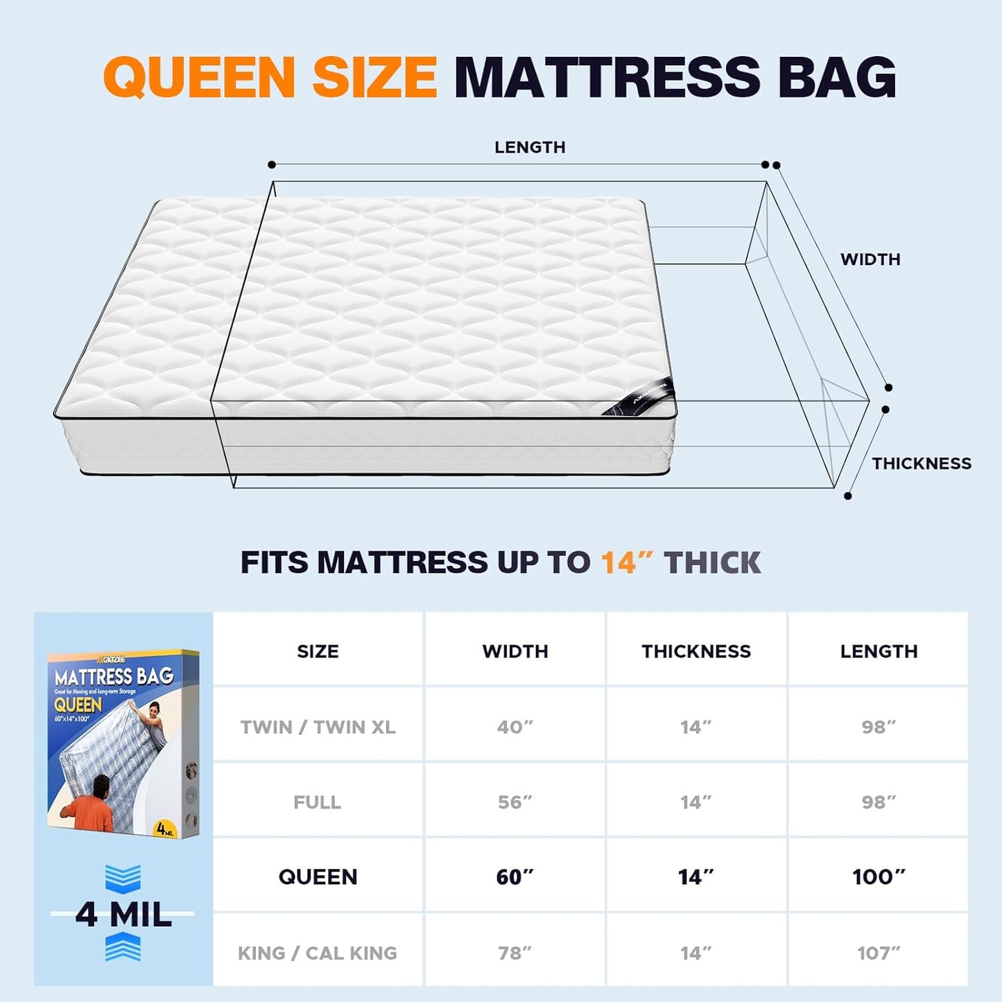 Plastic Mattress Bag - Waterproof Mattress Protector for Moving Supplies | Queen Size (4MIL)