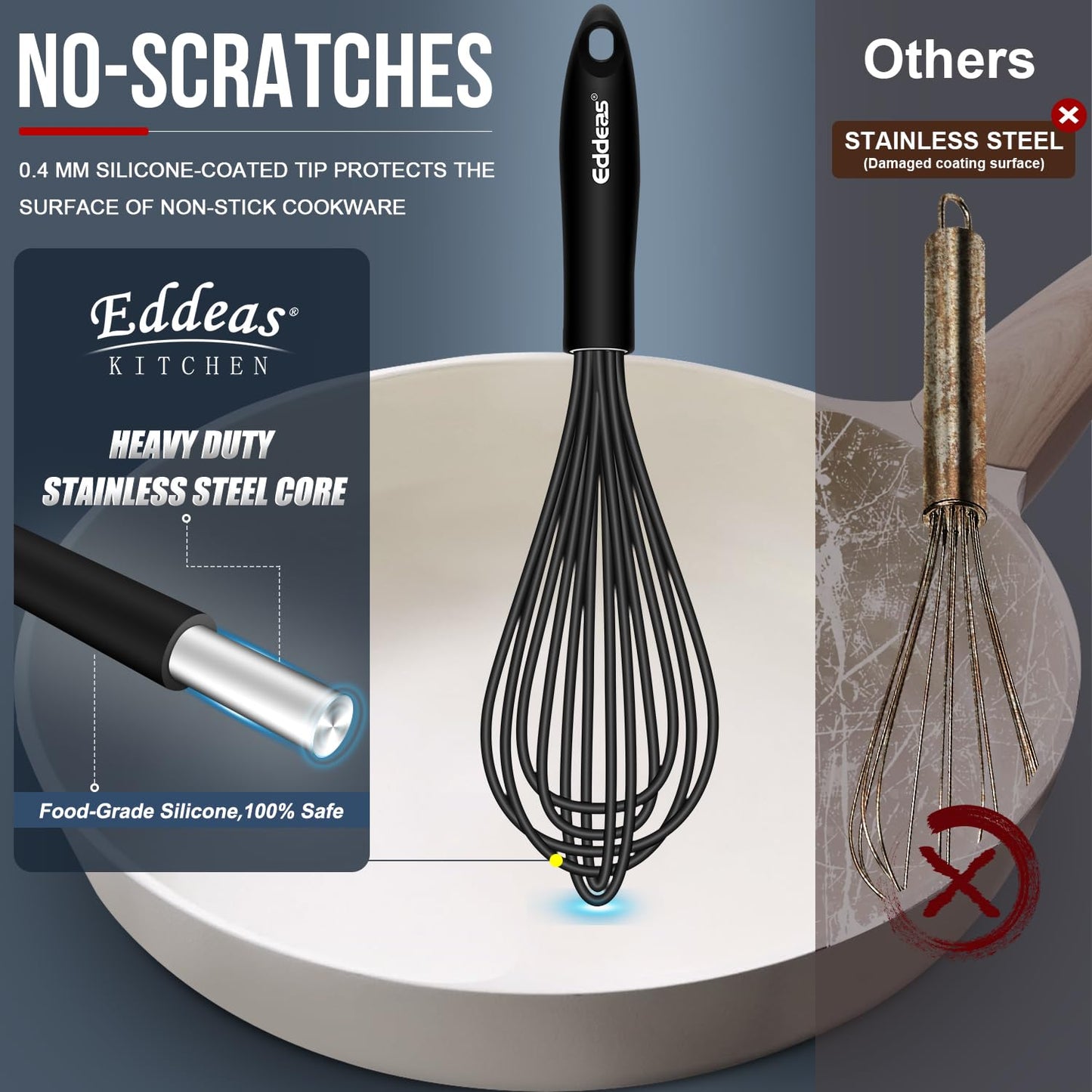 Whisks For Cooking - 500 °F Heat Resistant Silicone Whisk, Heavy Duty 7",9"&11inch Non-Scratch Balloon Kitchen Wisk tool Set, for cooking Wisking, Blending, Beating, Stirring, 3 Piece Black