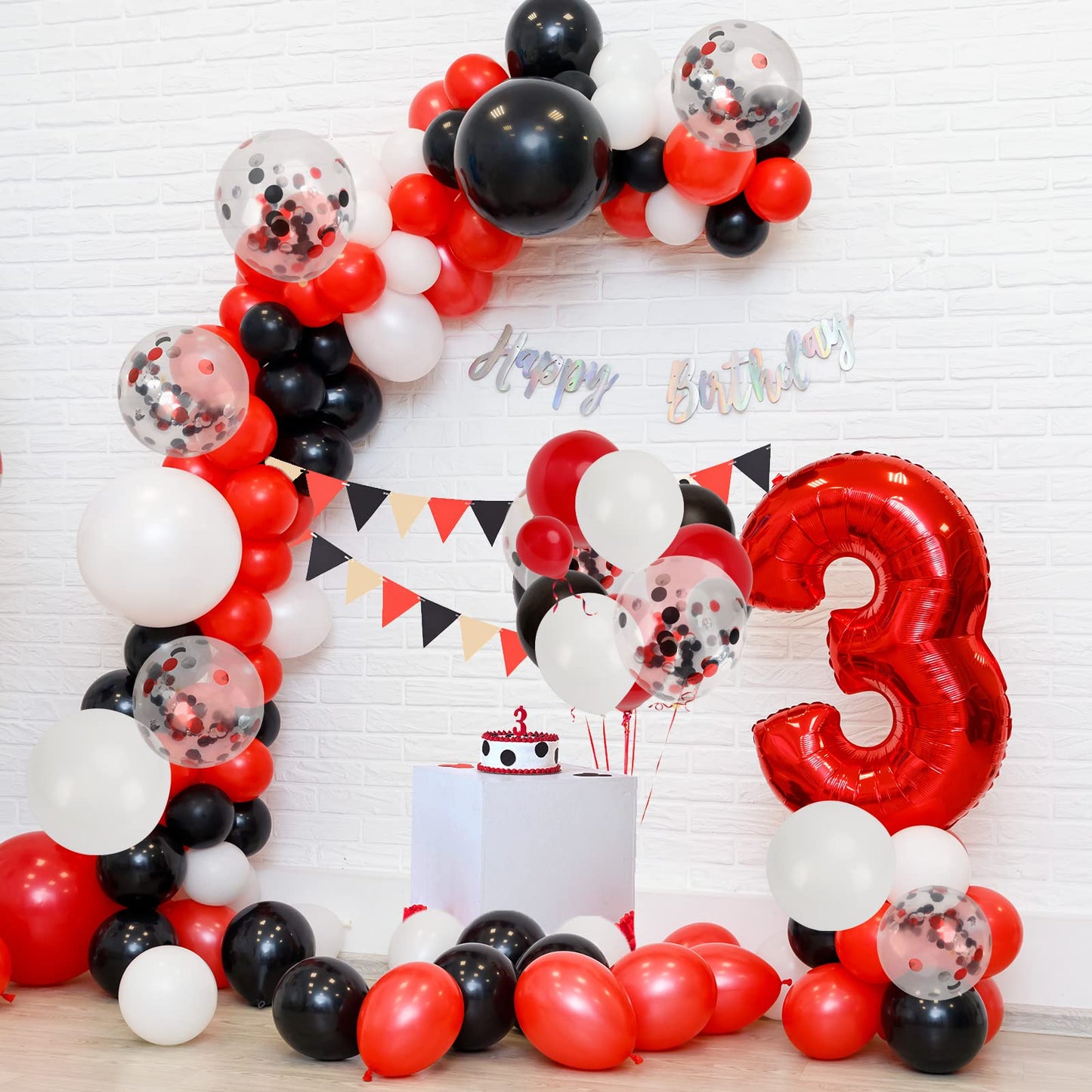 RUBFAC 129pcs Red Black White Balloons Confetti Garland Arch Kit for Graduation BBQ Casino Theme Party Decorations Poker Card Racing Car Birthday Supplies