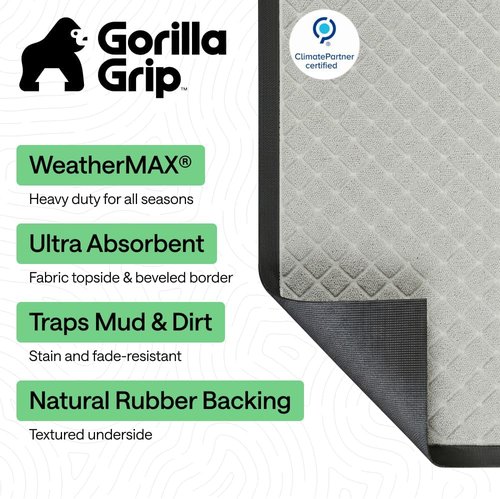 GORILLA GRIP Waterproof All-Season WeatherMAX Doormat - Natural Rubber, Stain & Fade Resistant, 29x17, Light Gray