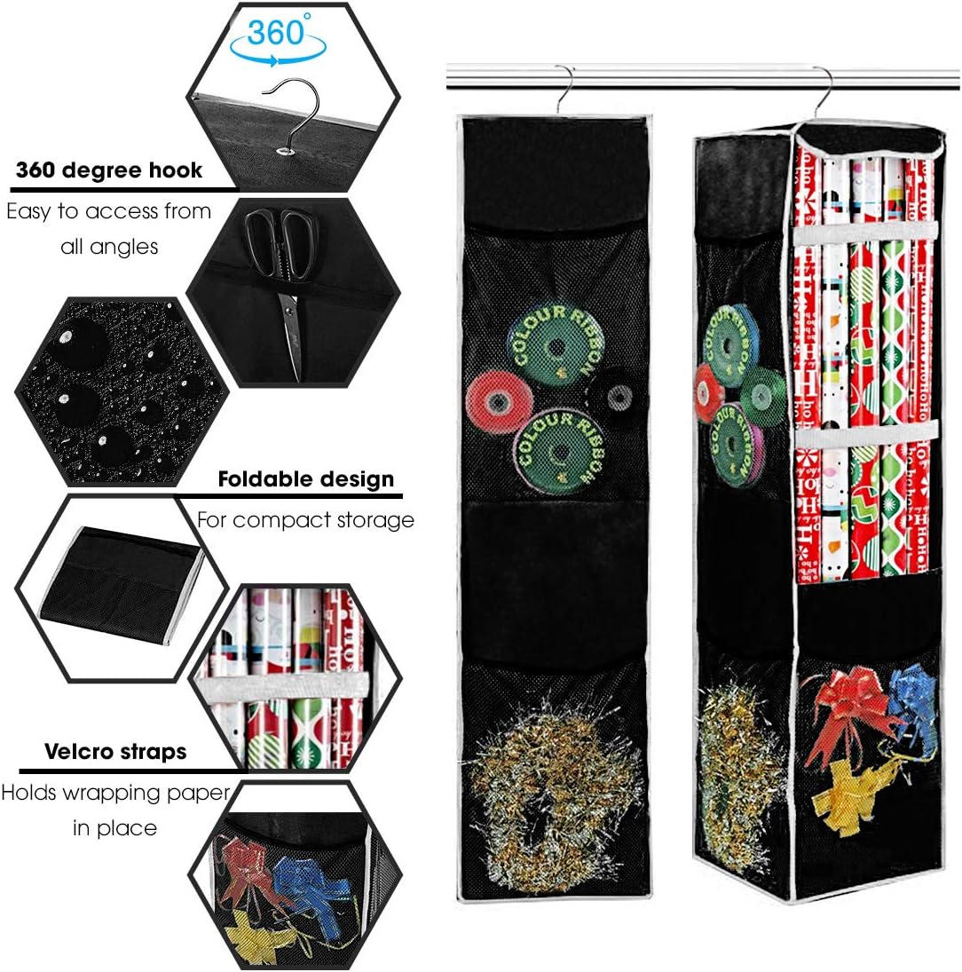 ProPik Holiday Wrapping Paper Storage Bag - 360° Swivel Hanger with Mesh Pockets | Holds 25 Rolls, 40 Inch, Black