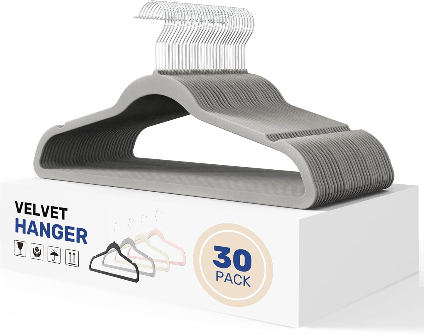 YSSOA Velvet Hangers - Non-Slip, Space-Saving Heavy Duty Suit Hangers with 360° Rotatable Hook - Grey, 30 Packs