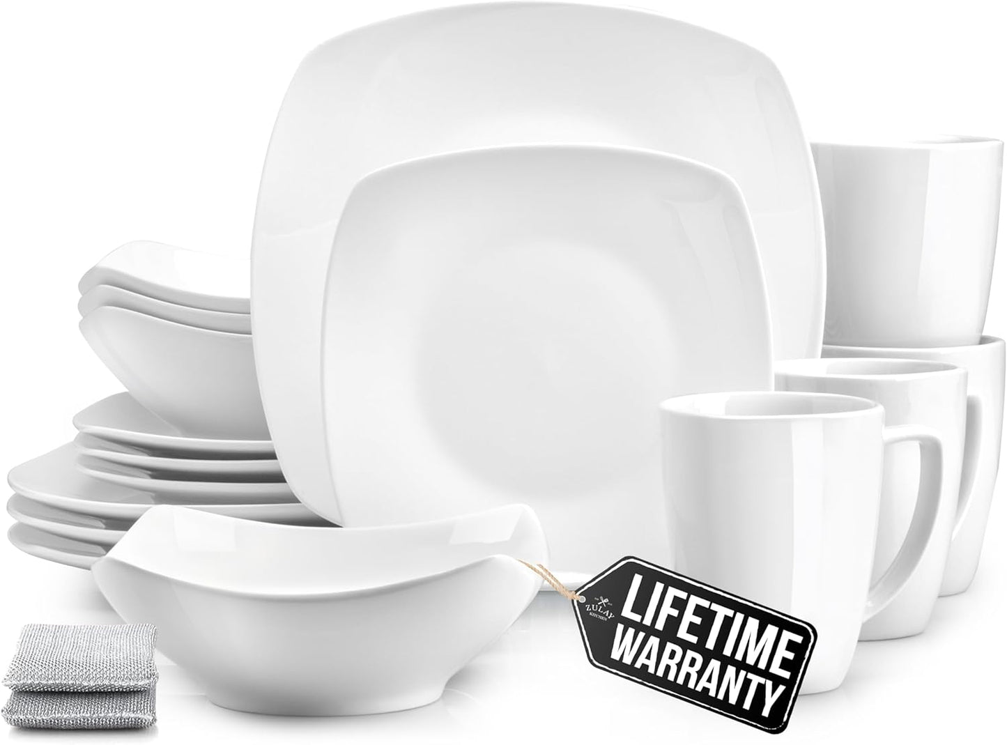 Zulay Kitchen 16-Piece Modern Porcelain Dinnerware Set - Chip & Scratch Resistant | Microwave & Dishwasher Safe, Pearl White