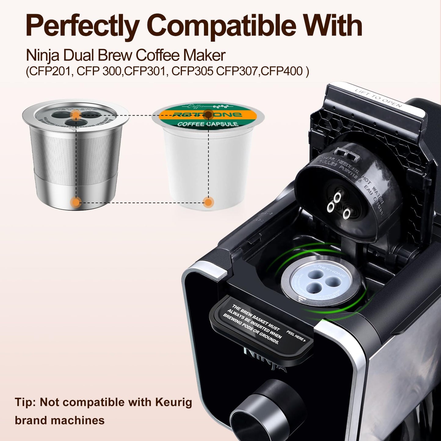 RETHONE Reusable K Cups Coffee Pods Compatible with Ninja Coffee Maker, Stainless Steel Reusable Coffee Filters for Ninja CFP201 CFP300 CFP301 CFP305 CFP307 CFP400 Dual Brew Pro (2 Packs)