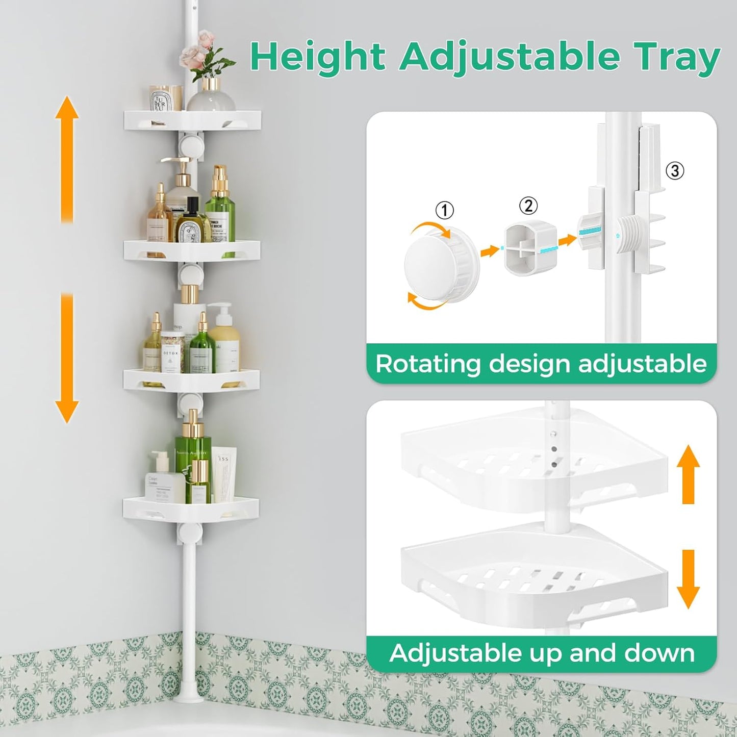 Shuang Qing 4-Tier Corner Shower Caddy - Adjustable Rustproof Metal Organizer | White Plastic Shelves with Safety Guardrail
