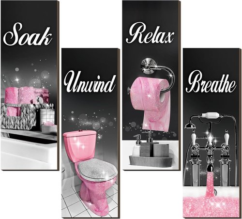 Honoson Bathroom Wall Art Decor - 4 Pcs Farmhouse Signs for Soaking, Unwinding & Relaxing | Black & Pink