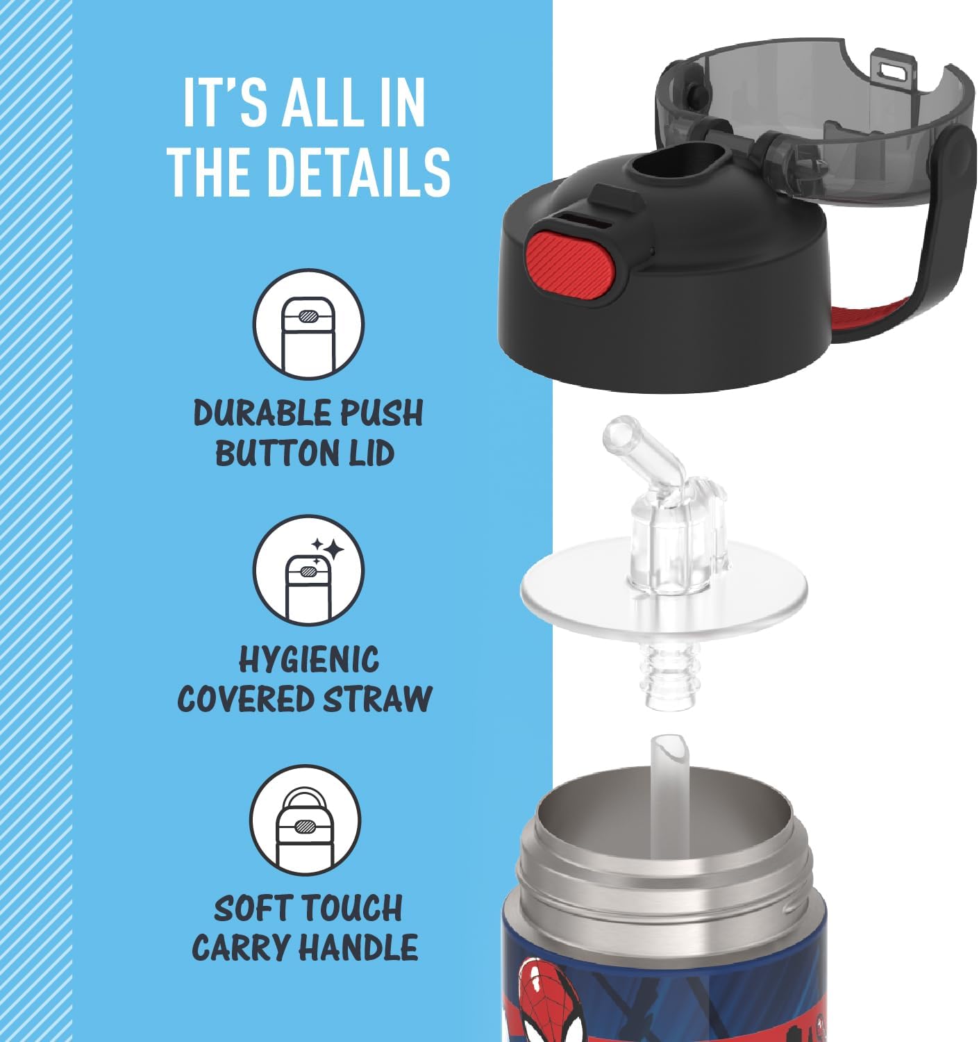 THERMOS FUNTAINER Water Bottle - 12 Ounce Stainless Steel Vacuum Insulated with Straw | Spider-Man Design