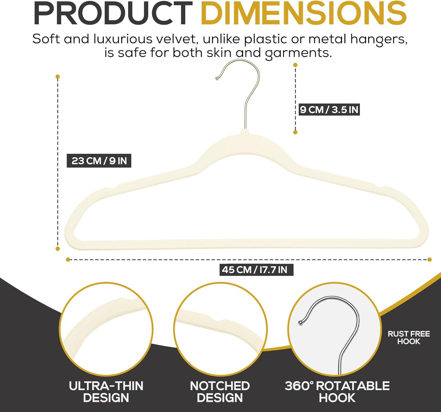 Techzoo Velvet Hangers - Ultra Thin Non-Slip Space-Saving Design | 50 Pack in Ivory, 360° Swivel Hook