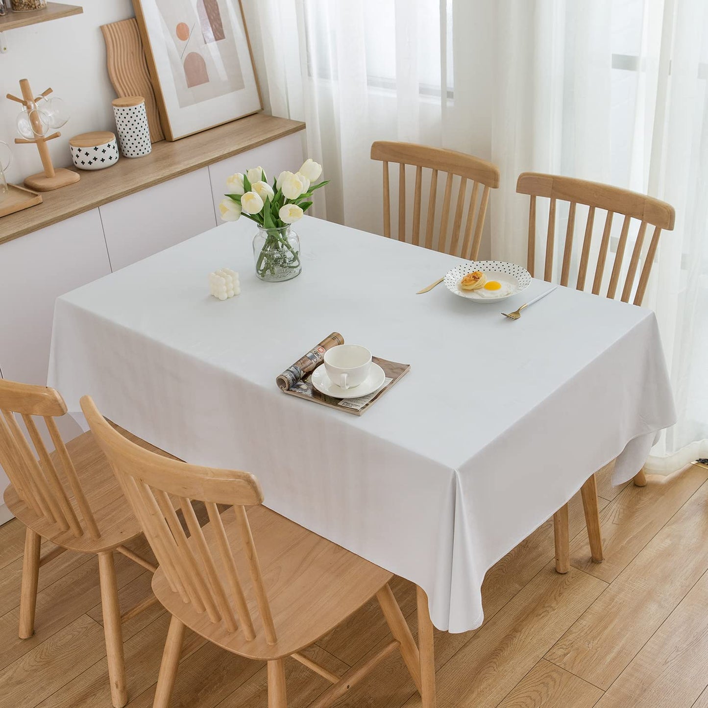 Pioggia Vinyl Tablecloth with Flannel Backing Rectangle Waterproof Oil-Proof Plastic Table Cloth Wipeable PVC Table Cover for Indoor and Outdoor (White, 60 x 84 Inch)