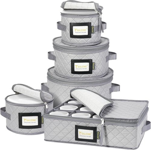 BALEINE Quilted Wine Glass Storage Containers - Sturdy Plate Organizer with Carry Handles | Soft Shell Grey