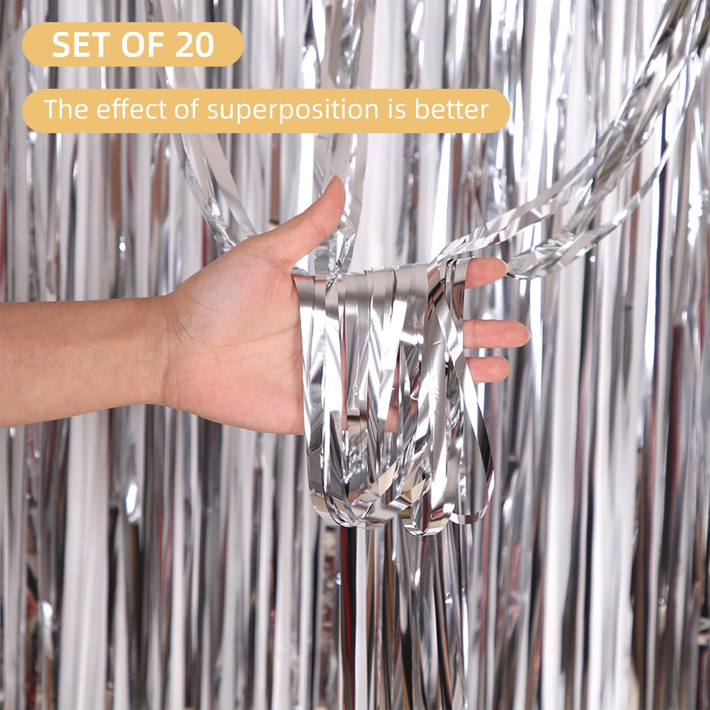 20 Pack Silver Foil Curtain Backdrop 3.2ft x 8.2ft Foil Fringe Backdrop Curtain Metallic Tinsel Foil Fringe Curtains Streamer Backdrop Curtains for Birthday Party Decorations Photo Booth (Silver)