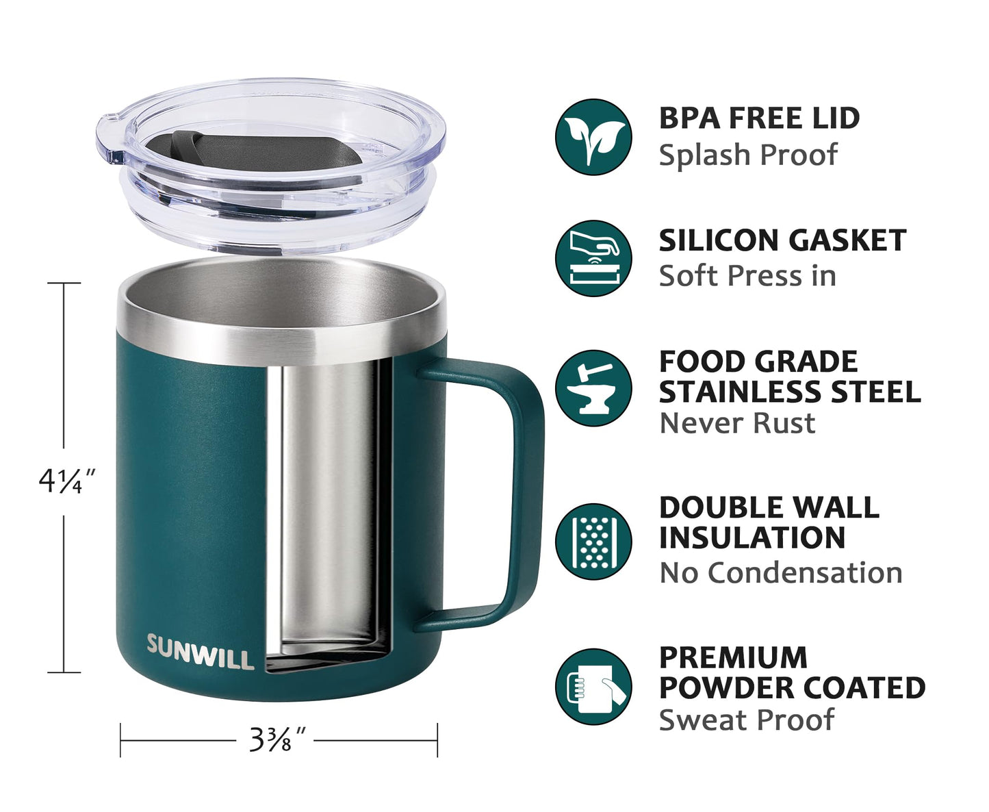 SUNWILL Travel Coffee Mug Set of 2, Insulated Tumbler with Lid, 14 oz Stainless Steel Cup with Handle for Camping, Office, Home, Powder Coated Forest Green & Plum