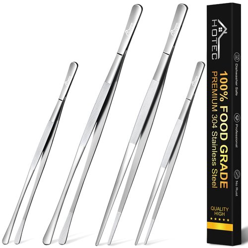 HOTEC Kitchen Tweezers Tongs Stainless Steel, Set of 4-10" and 12inch Extra-Long Food Tweezers Fine Kitchen Tongs for Cooking,Grill and Baking