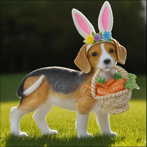 Cynkeyee Dog Garden Statue - Adorable Beagle Puppy with Bunny Ears & Carrot Basket | 11.5" x 4" x 10.5" Indoor/Outdoor Decor