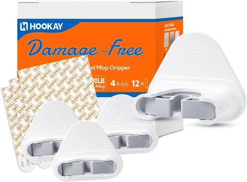 Hookay Broom and Mop Grippers - Damage-Free Wall Hooks with 4 Hangers & 12 Adhesive Strips | Holds Up to 10 lbs