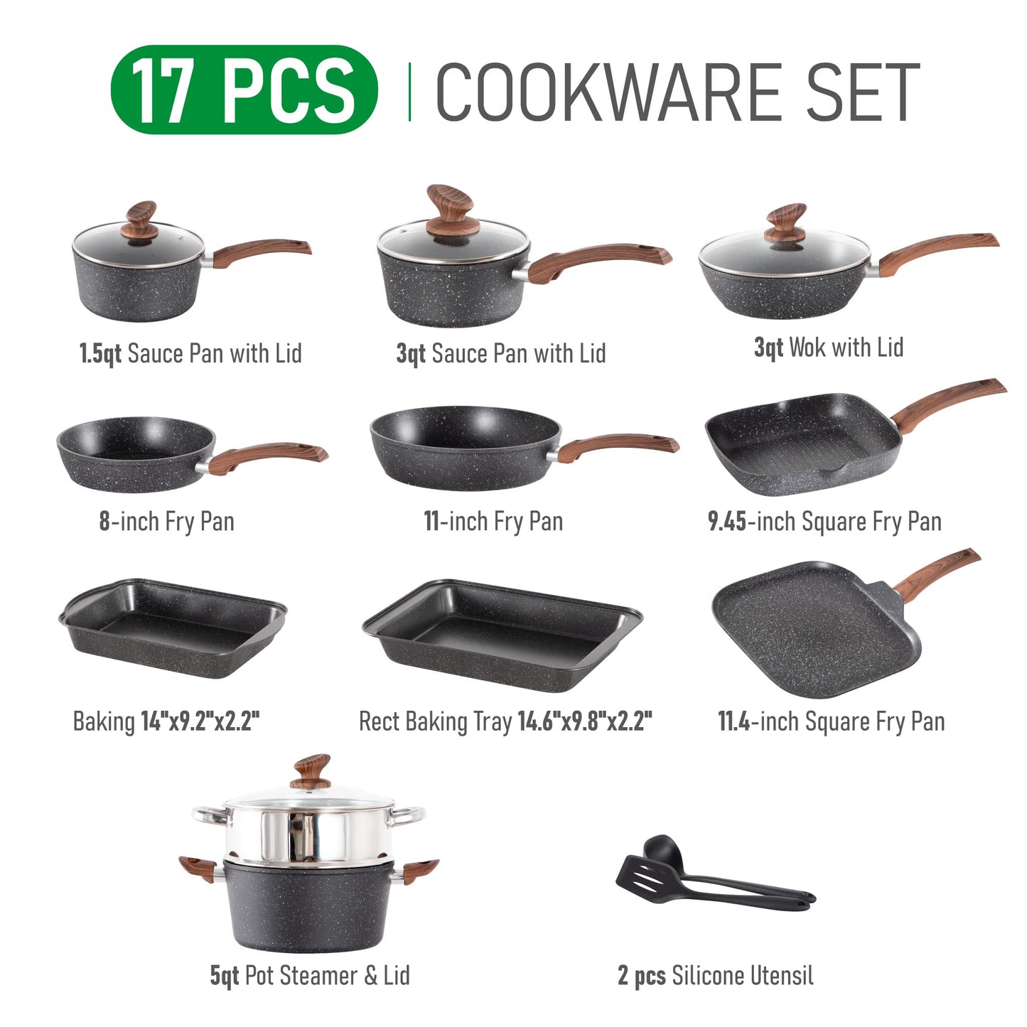 MAISON ARTS 17 Piece Pots and Pans Set Non Stick, Kitchen Cookware Sets with Nonstick Granite Stone Coating, Suitable for Induction Cooktops, Black