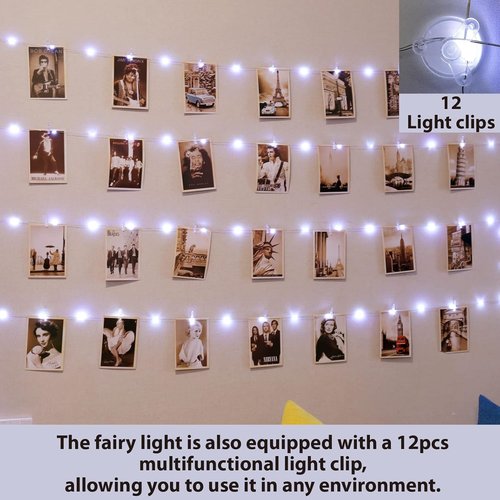 HXWEIYE 120LED White Photo Clips String Light - 40Ft Fairy Light with 52 Clips & 12 Hooks | USB Powered, Timer & 8 Modes for Bedroom & Wedding Decor