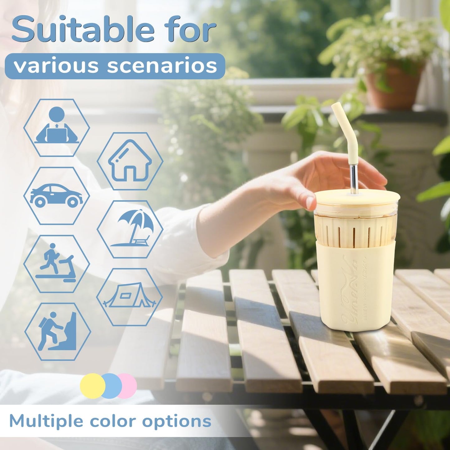 wangsdjy 15oz Glass Tumbler With Straw and Lid - Iced Coffee Cup, Smoothie Cup with Silicone Sleeve and Tea Strainer, Glass Tumbler for Smoothies, Flower tea, Coffee, Juices (Blue)
