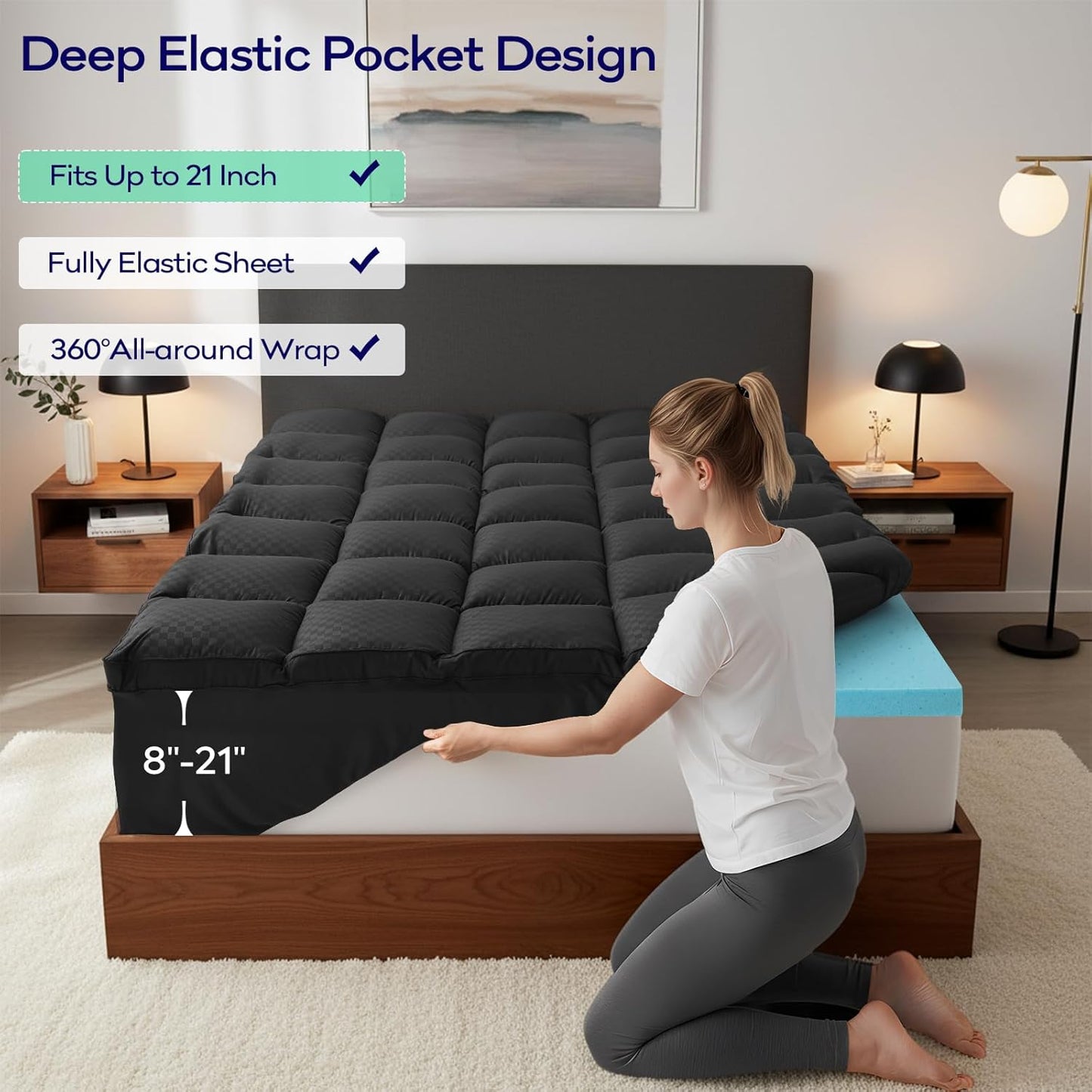 OLANLY Memory Foam Mattress Topper - 4 Inch Queen Size with Cooling Pillow Top & Gel Layer - Black