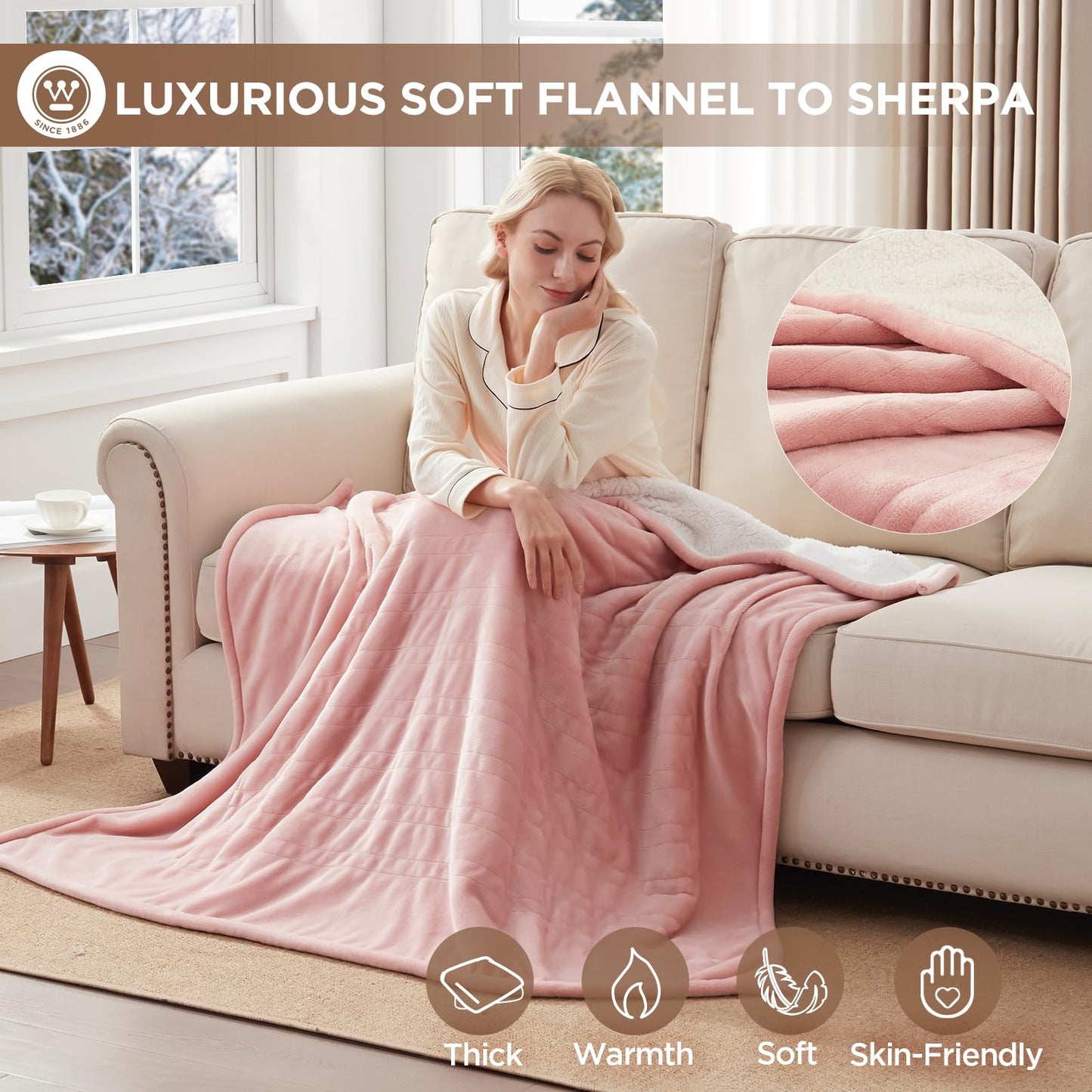 Westinghouse Heated Blanket Throw, Soft Flannel to Sherpa Electric Blanket with 10 Heating Levels, 12 Hours Auto Off, Fast Heating, Machine Washable, 50x60 Inch, Pink