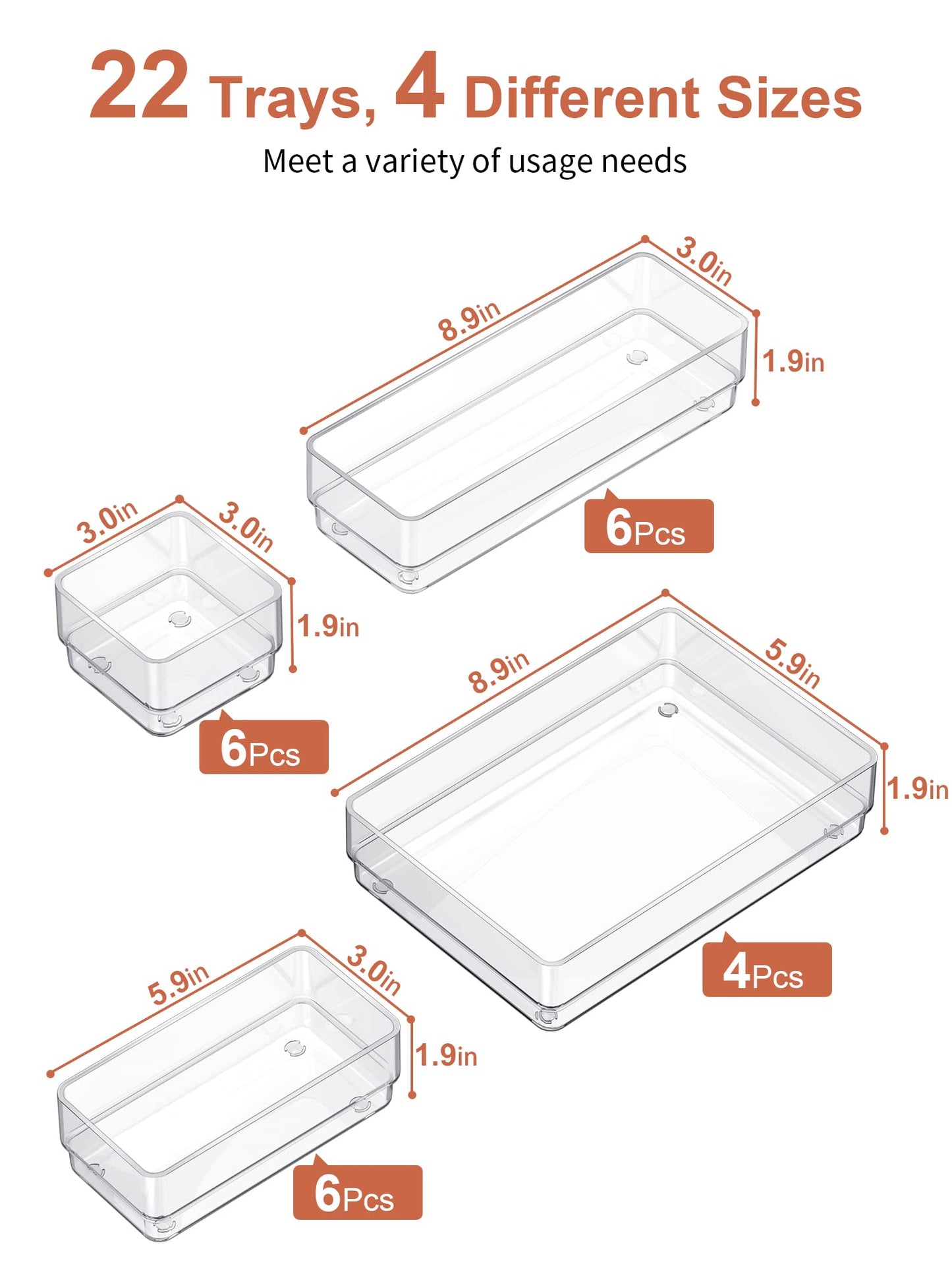 SMARTAKE 22-Piece Drawer Organizer with Non-Slip Silicone Pads, 4-Size Clear Desk Drawer Organizer Trays Storage Tray for Makeup, Jewelries, Utensils in Bedroom Dresser, Office and Kitchen, Clear