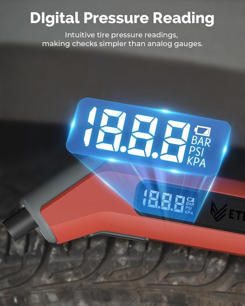 ETENWOLF T300 Digital Tire Pressure Gauge - Accurate 3-200 PSI Calibration | Replaceable AAA Batteries, Vivid Orange