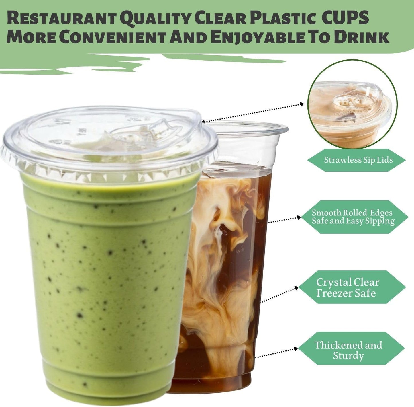 Skiennix 16 oz Clear Plastic Cups - Disposable Strawless Sip Lids for Iced Coffee, Smoothies & Juices