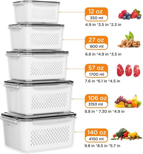 5-Pack Fruit Storage Containers - Leakproof Fridge Organizer with Removable Colanders | Ideal for Produce & Vegetables