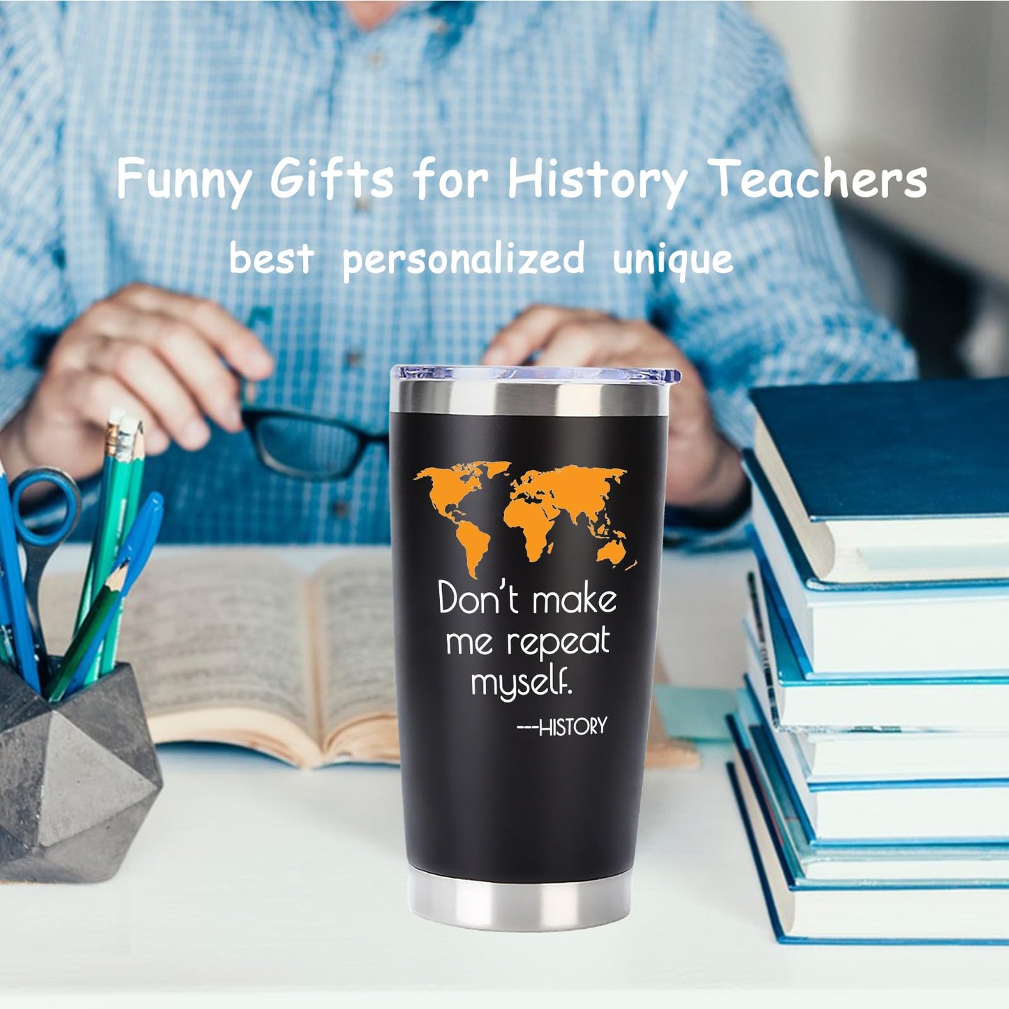 EchoMaven History Gifts: 20oz Don't Make Me Repeat Myself Stainless Steel Travel Tumbler, Christmas & Birthday Gift for History Teacher, Black