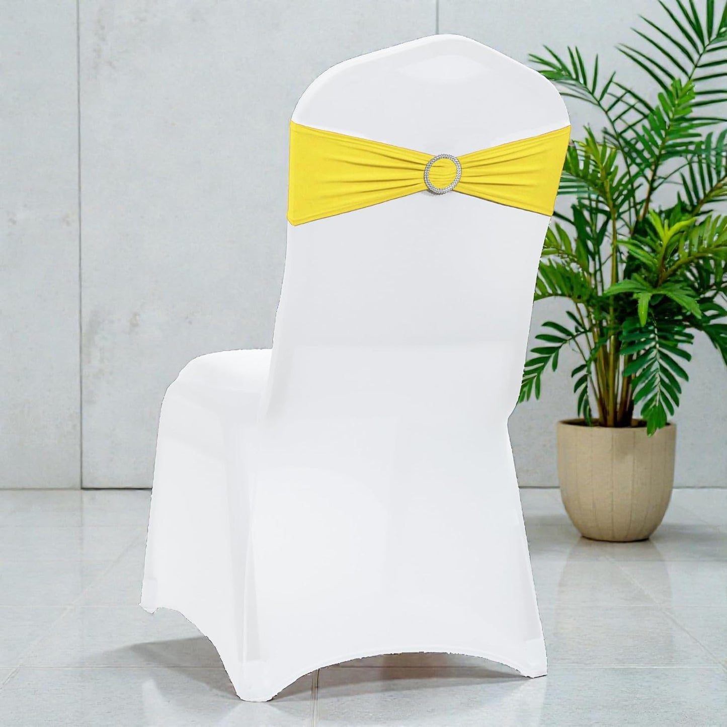 MDS Spandex Chair Sashes - Premium Stretch Covers with Buckle Slider | Universal Fit for Weddings & Events - Yellow, Pack of 100