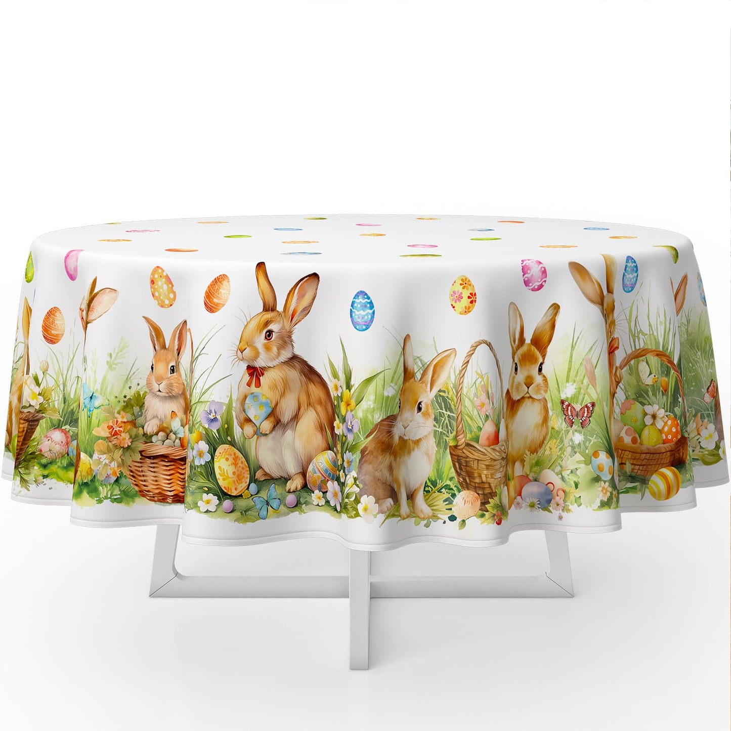 Roszwtit Spring Easter Tablecloth, Easter Eggs Bunny Floral Table Cloth Waterproof, Spring Easter Rabbit Flowers Kitchen Table Decor for Dining Holiday Party 60x60 Inch Round