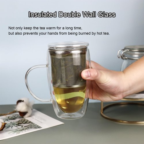Almagic Double Wall Glass Tea Mug with Infuser and Lid, 14 oz / 400 ml Borosilicate Glass Tea Cup with 304 Stainless Steel Fine Mesh Infuser, Durable Insulated Tea Cup, Gift for Tea Lovers