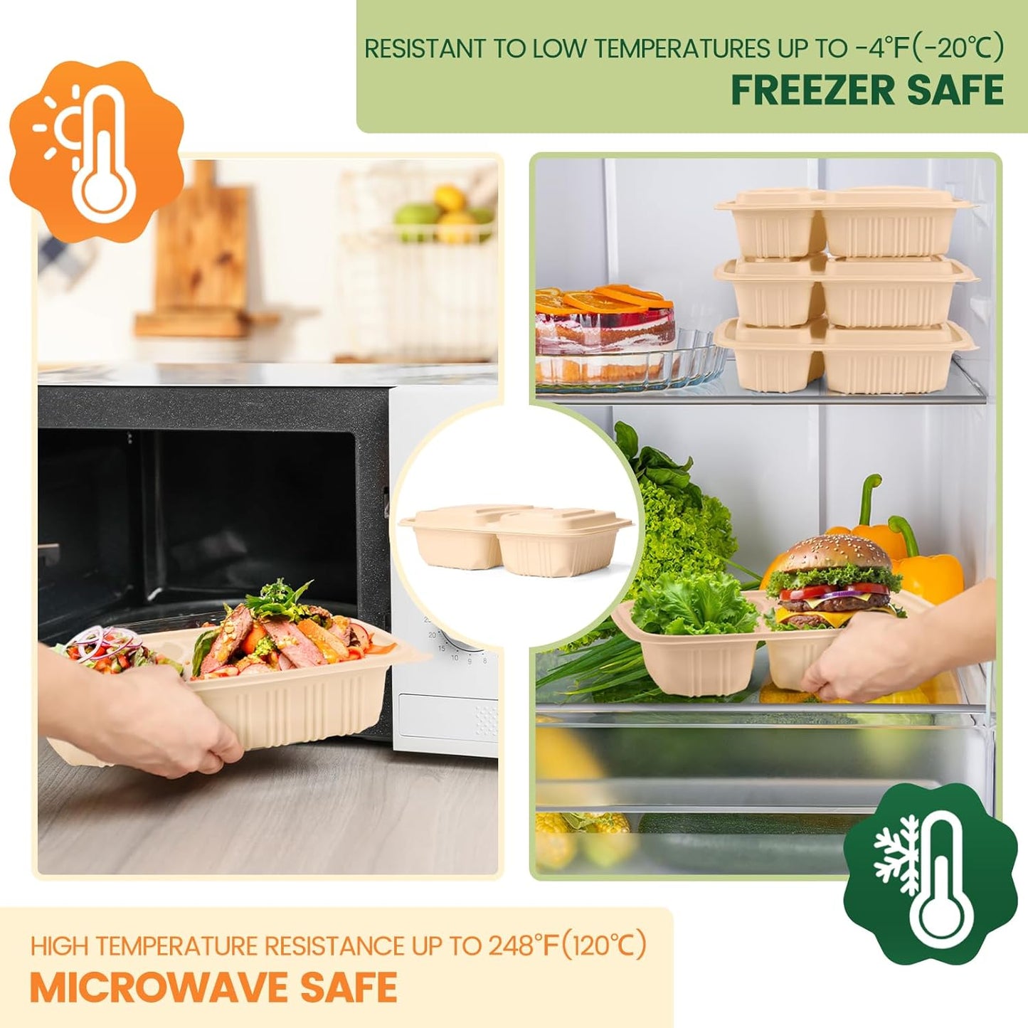 Meal Prep Containers - 100 Piece Reusable 2 Compartment 32 oz Cornstarch Snack Containers with Lids | Microwave & Freezer Safe