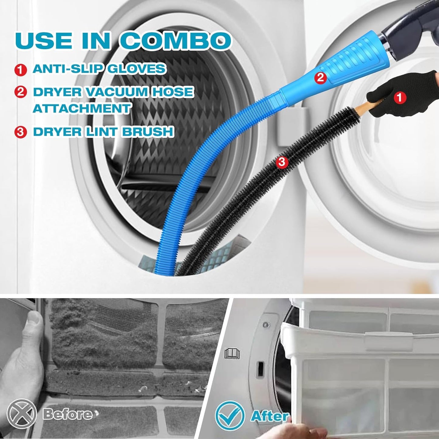 Sealegend 15-Piece Dryer Vent Cleaner Kit - 25-Feet Omnidirectional Lint Vacuum Attachment & Brush | Universal Adapters (Blue)