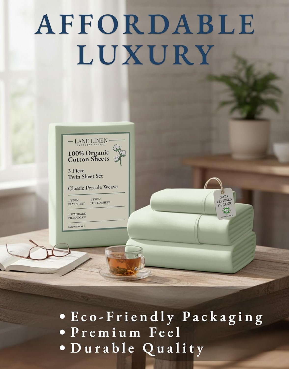 LANE LINEN 100% Organic Cotton Twin Sheets - Soft Percale Weave, Temperature Regulating, Mineral Color